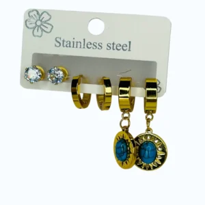 Gold Mavi Taşlı Çelik Küpe Çoklu