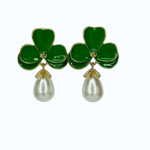 Gold Yeşil Çiçek İncili Çelik Küpe