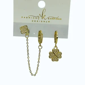 Gold Çelik Taşlı Yonca Zincirli Çoklu Küpe