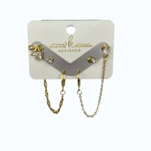 Gold Çelik Zincirli Fiyonk Taşlı Çoklu Küpe