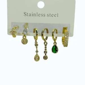 Gold Çelik Yeşil Taşlı Damla Çoklu Küpe