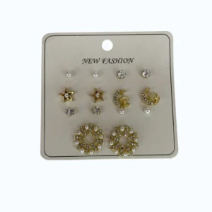 Gold Bijüteri İnci Taşlı  Ay Çoklu Küpe