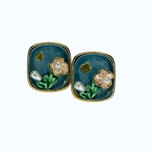 Gold Kaplama Yeşil Renkli Kare Küpe