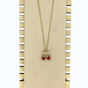 Gold Çelik Kırmızı Boncuk Kiraz Uçlu Kolye