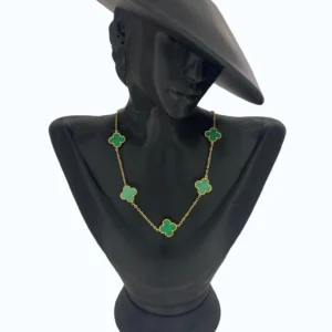 Gold Çelik Yeşil Yonca Sıralı Kolye