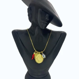 Gold Çelik Kırmızı Biberli Madalya Charmlı Kolye