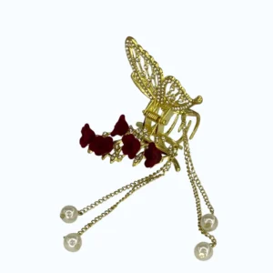 Gold Kıstırma Taşlı Kırmızı Çiçekli İnci Zincirli Toka